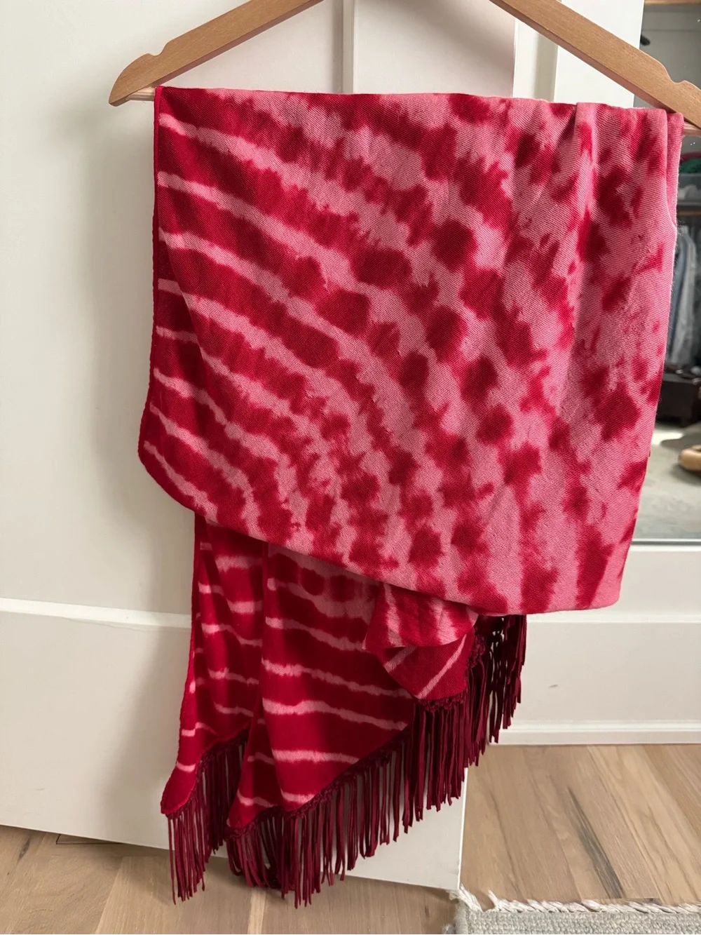 Bajra Cashmere Silk Tie Dye Raspberry triangle scarf with leather fringe
